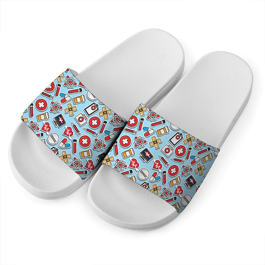 Colorful Medical Pattern Print White Slide Sandals