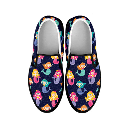 Colorful Mermaid Pattern Print Black Slip On Shoes