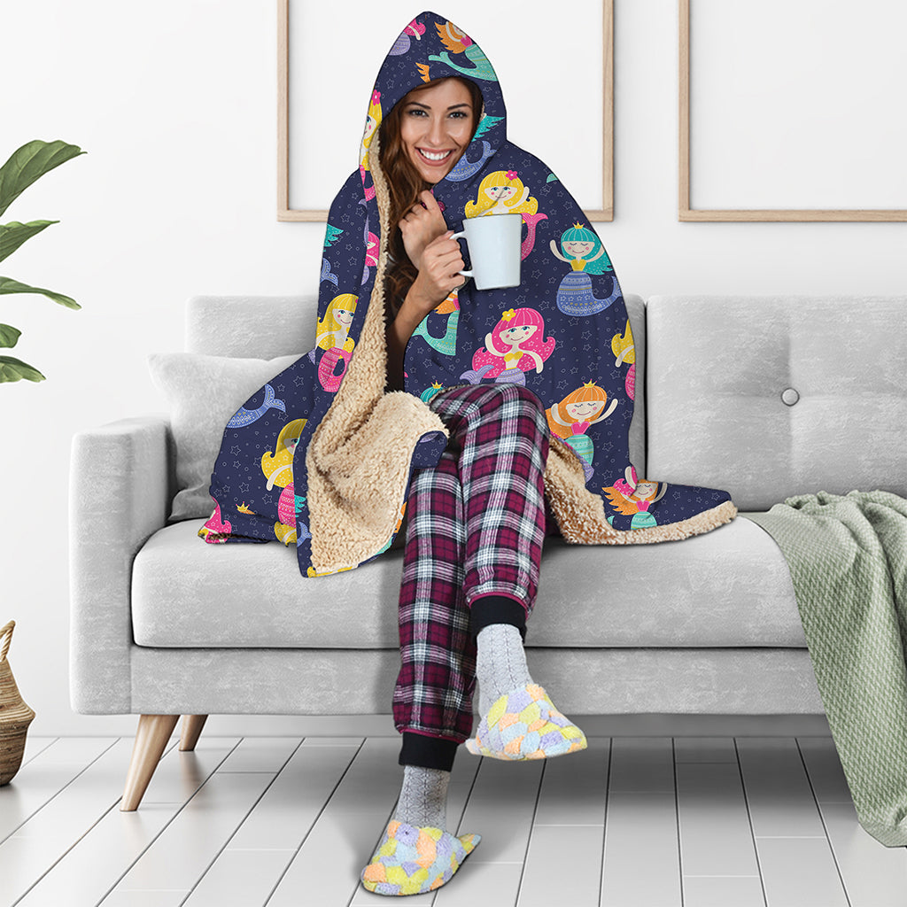 Colorful Mermaid Pattern Print Hooded Blanket