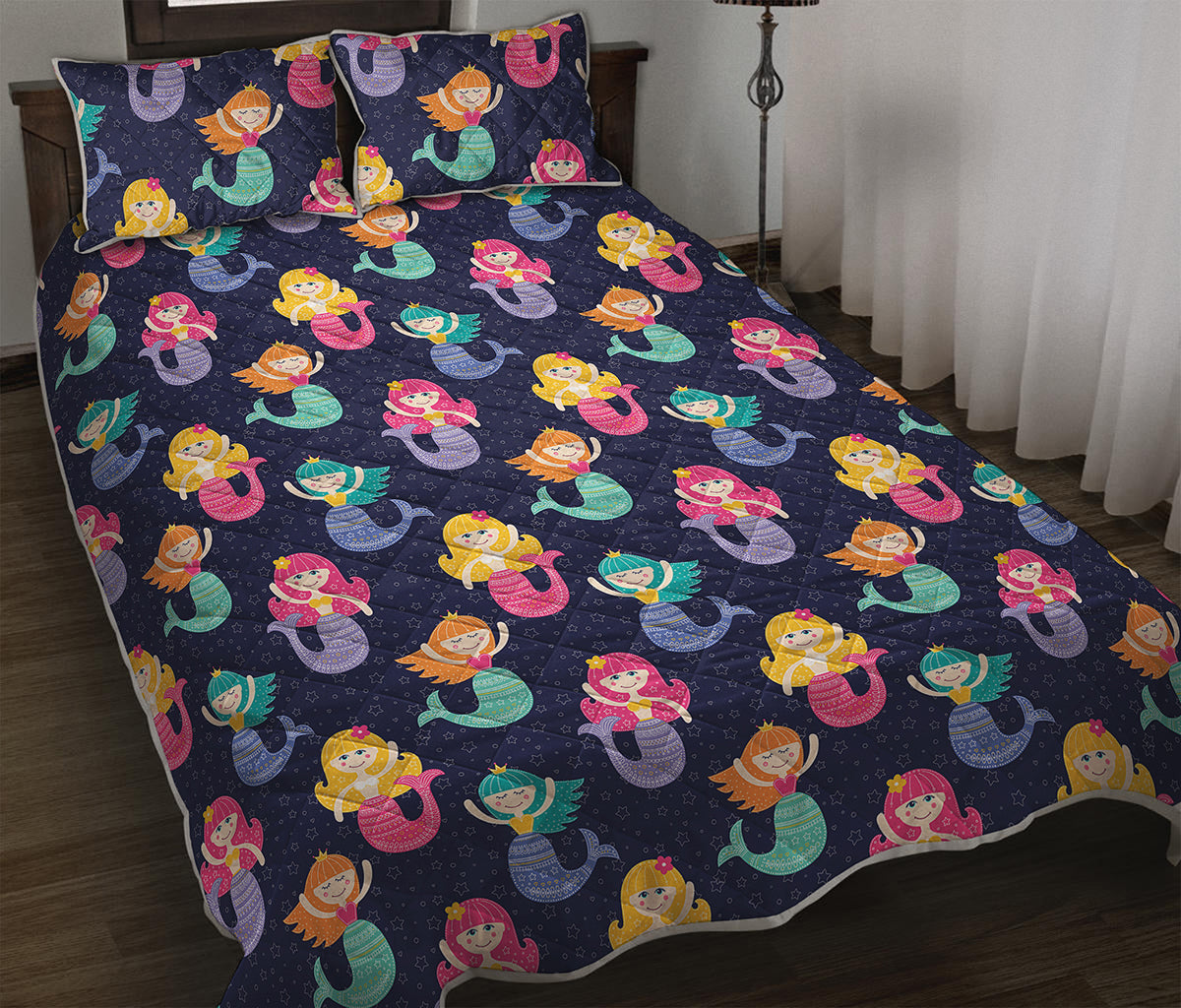 Colorful Mermaid Pattern Print Quilt Bed Set