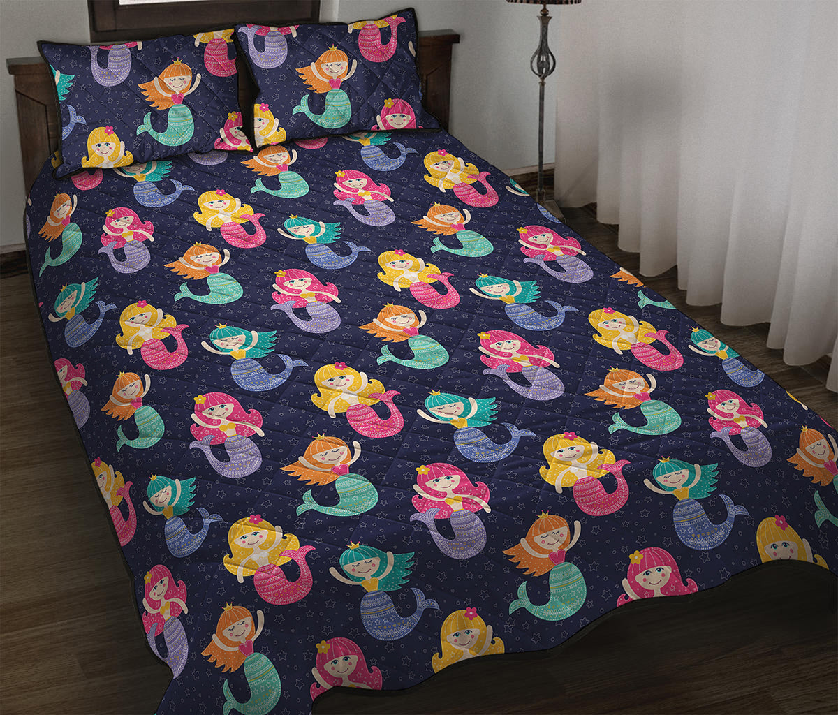 Colorful Mermaid Pattern Print Quilt Bed Set
