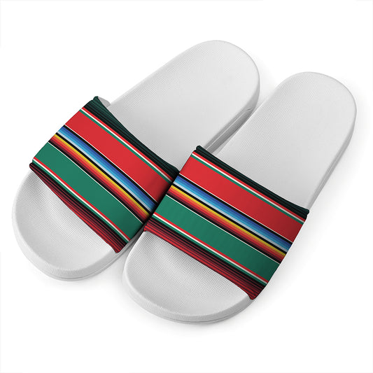 Colorful Mexican Blanket Pattern Print White Slide Sandals