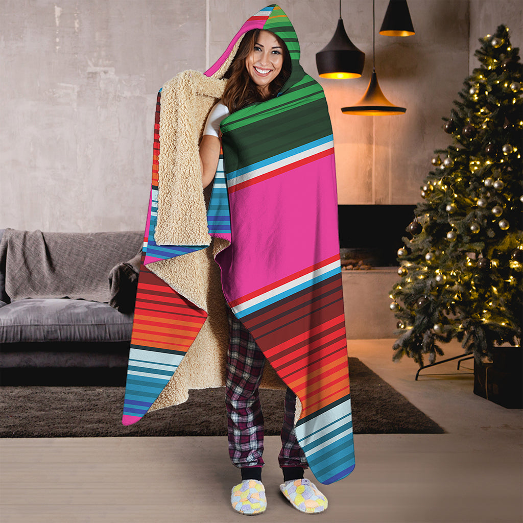 Colorful Mexican Blanket Stripe Print Hooded Blanket