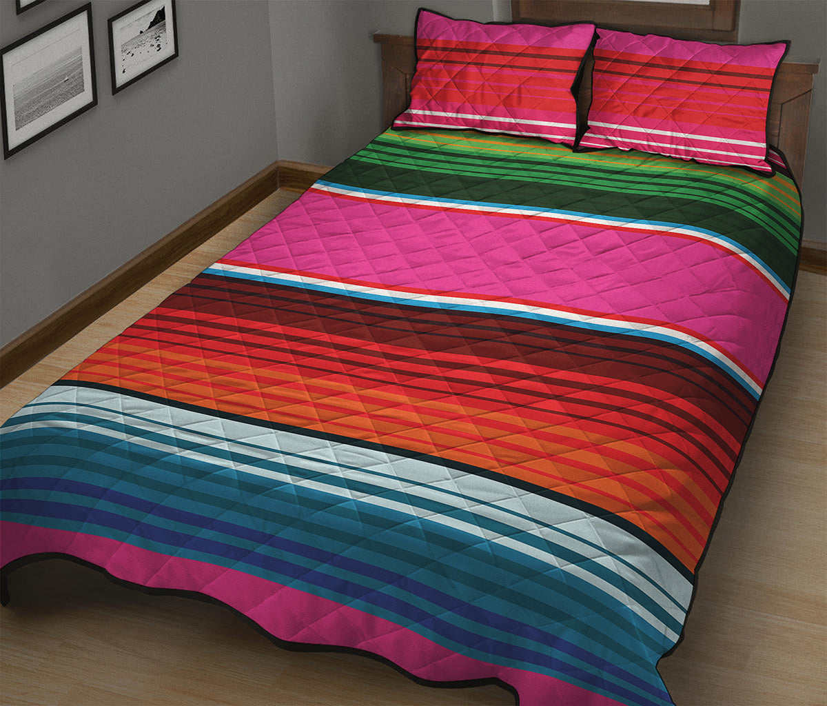 Colorful Mexican Blanket Stripe Print Quilt Bed Set
