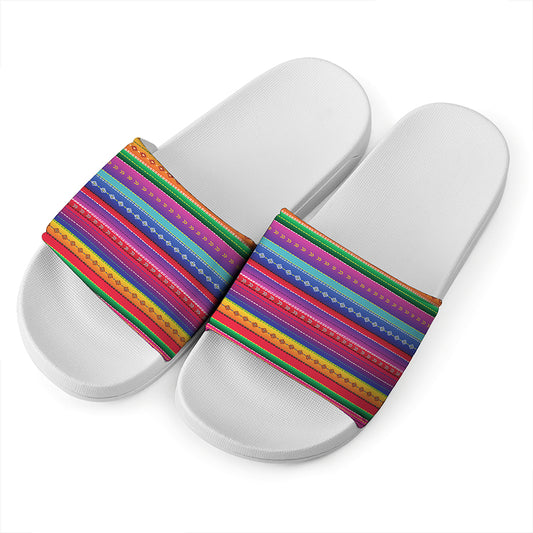 Colorful Mexican Serape Pattern Print White Slide Sandals