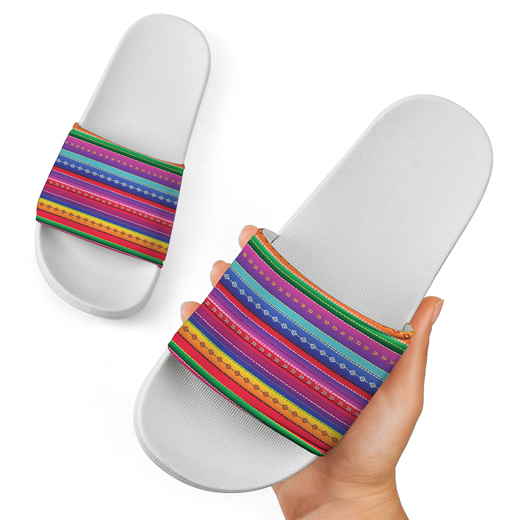 Colorful Mexican Serape Pattern Print White Slide Sandals
