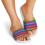 Colorful Mexican Serape Pattern Print White Slide Sandals
