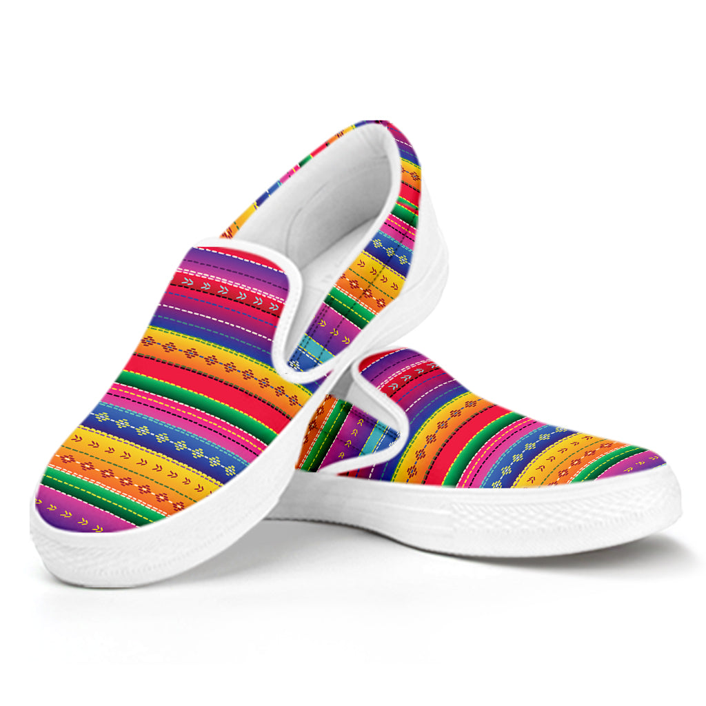 Colorful Mexican Serape Pattern Print White Slip On Shoes