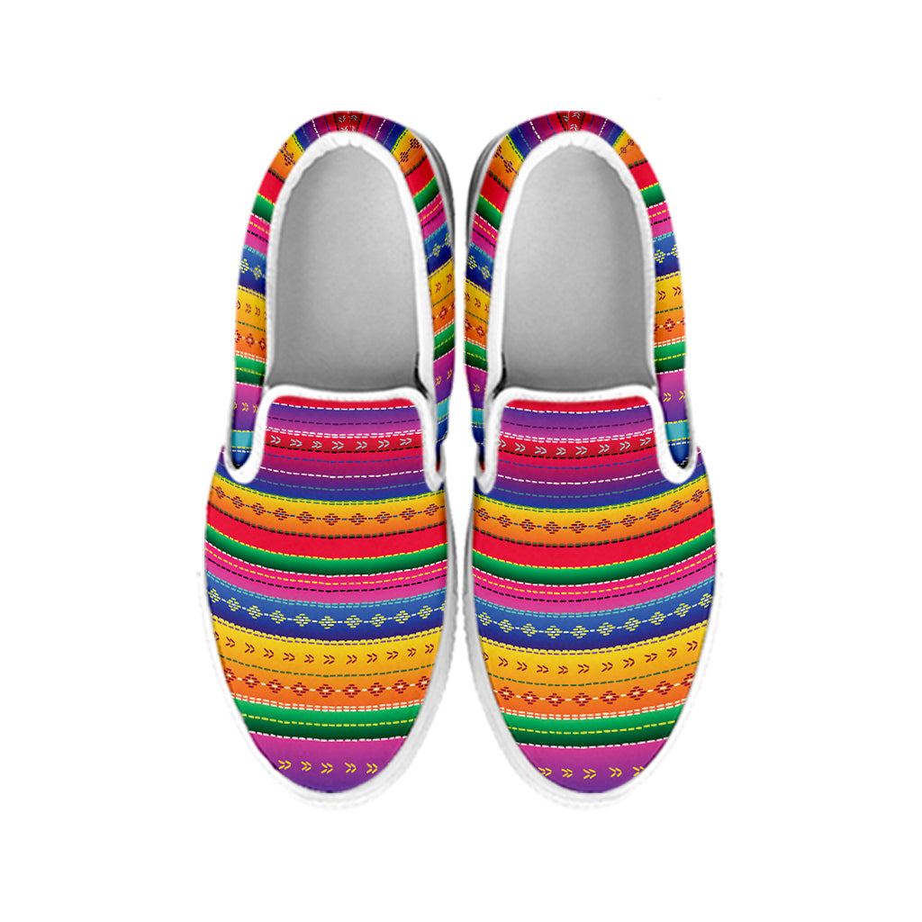 Colorful Mexican Serape Pattern Print White Slip On Shoes