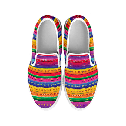 Colorful Mexican Serape Pattern Print White Slip On Shoes