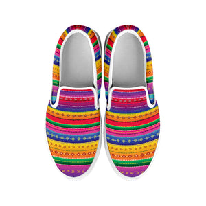 Colorful Mexican Serape Pattern Print White Slip On Shoes