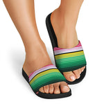 Colorful Mexican Serape Stripe Print Black Slide Sandals
