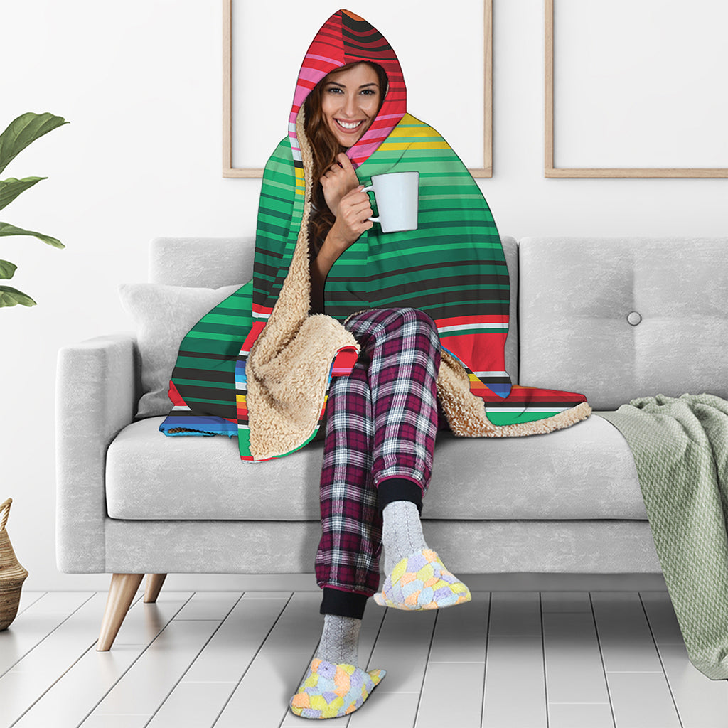 Colorful Mexican Serape Stripe Print Hooded Blanket