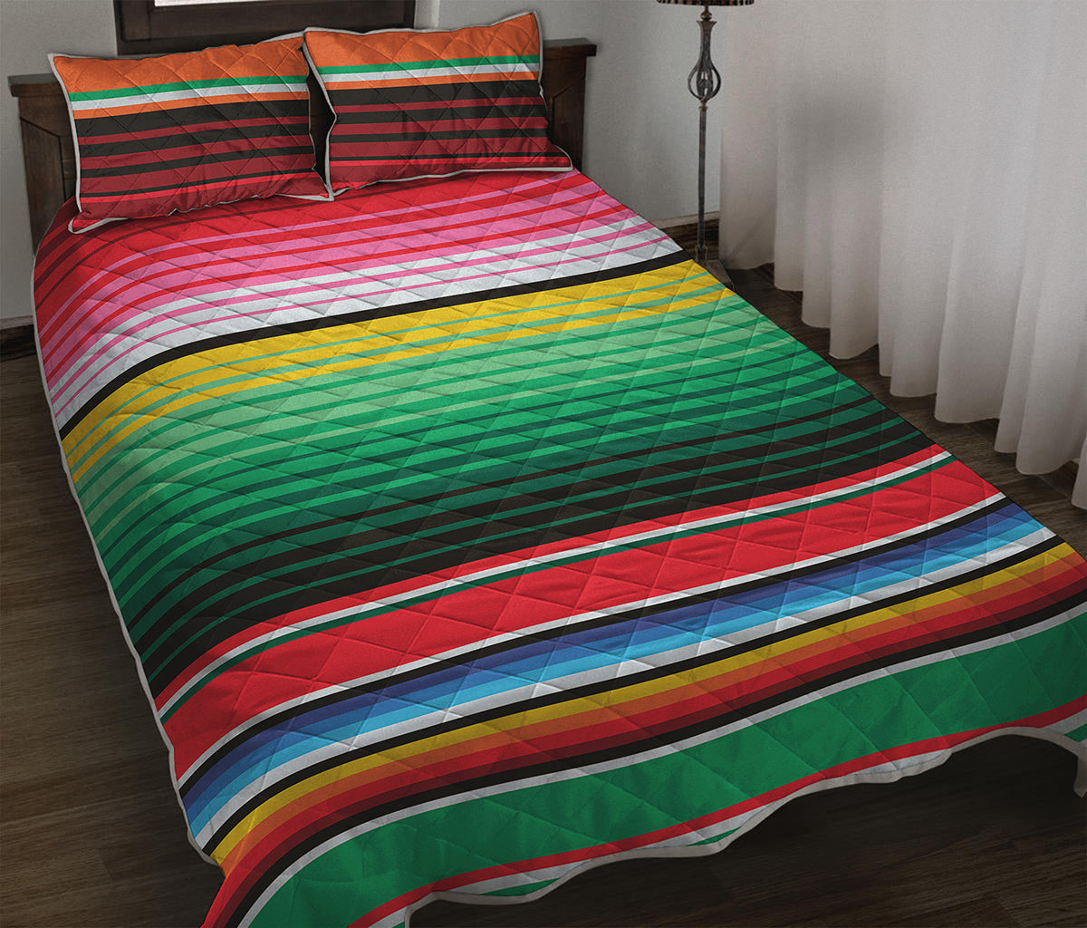 Colorful Mexican Serape Stripe Print Quilt Bed Set