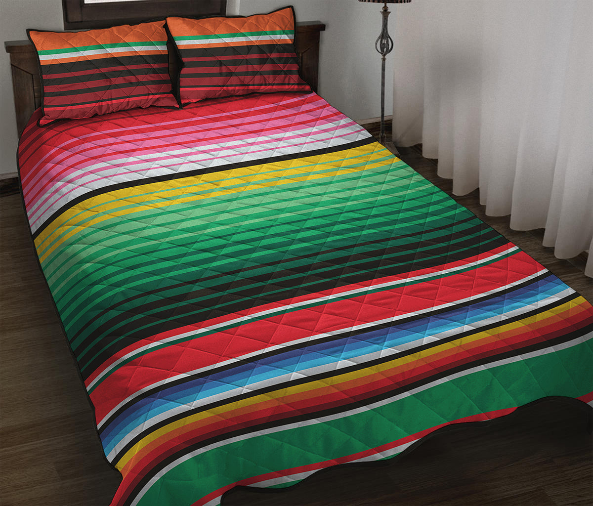 Colorful Mexican Serape Stripe Print Quilt Bed Set
