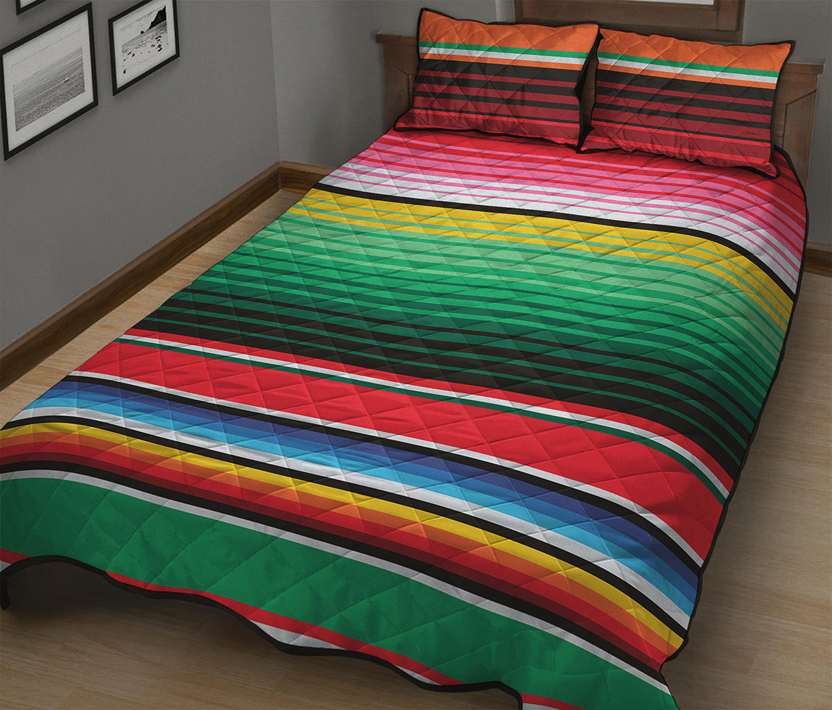 Colorful Mexican Serape Stripe Print Quilt Bed Set