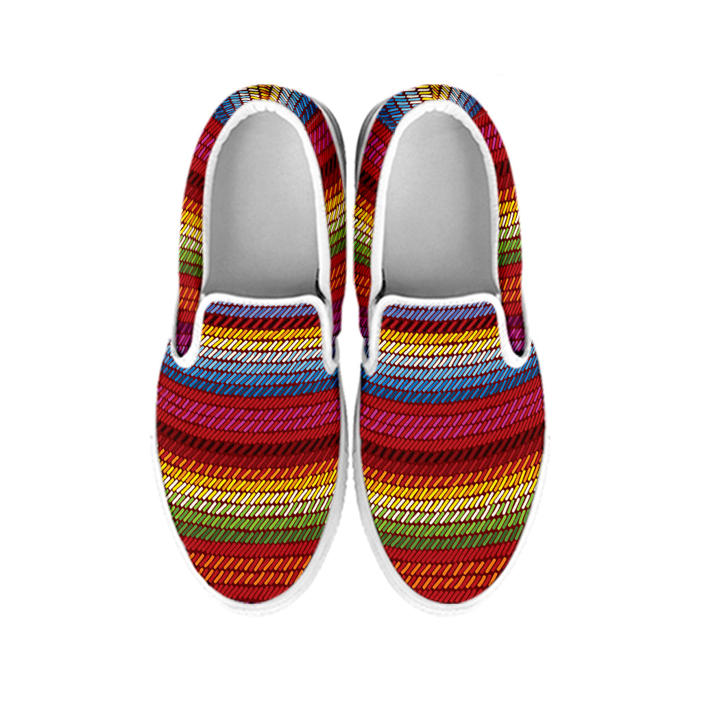 Colorful Mexican Woven Pattern Print White Slip On Shoes