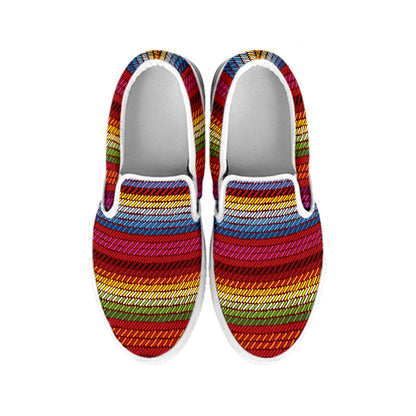 Colorful Mexican Woven Pattern Print White Slip On Shoes