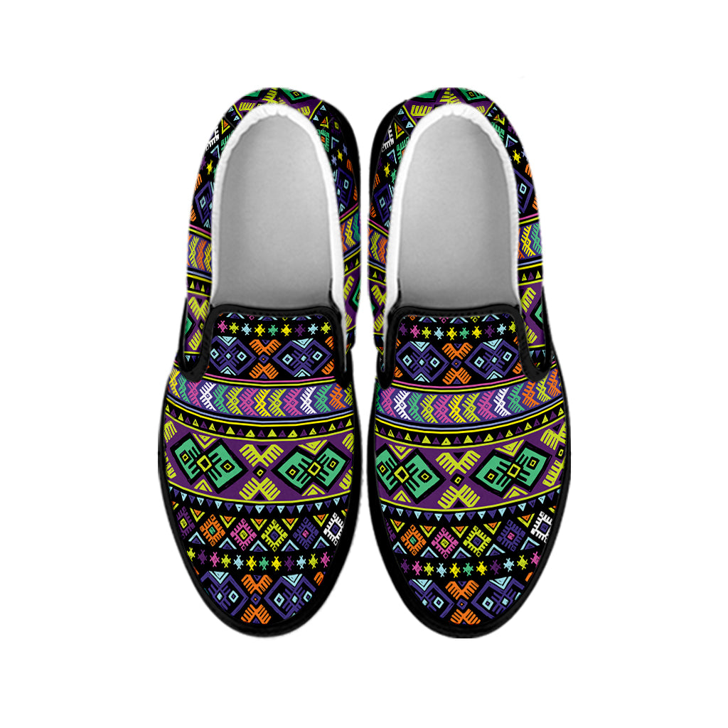 Colorful Native Navajo Tribal Print Black Slip On Shoes