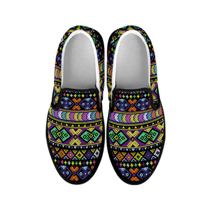 Colorful Native Navajo Tribal Print Black Slip On Shoes