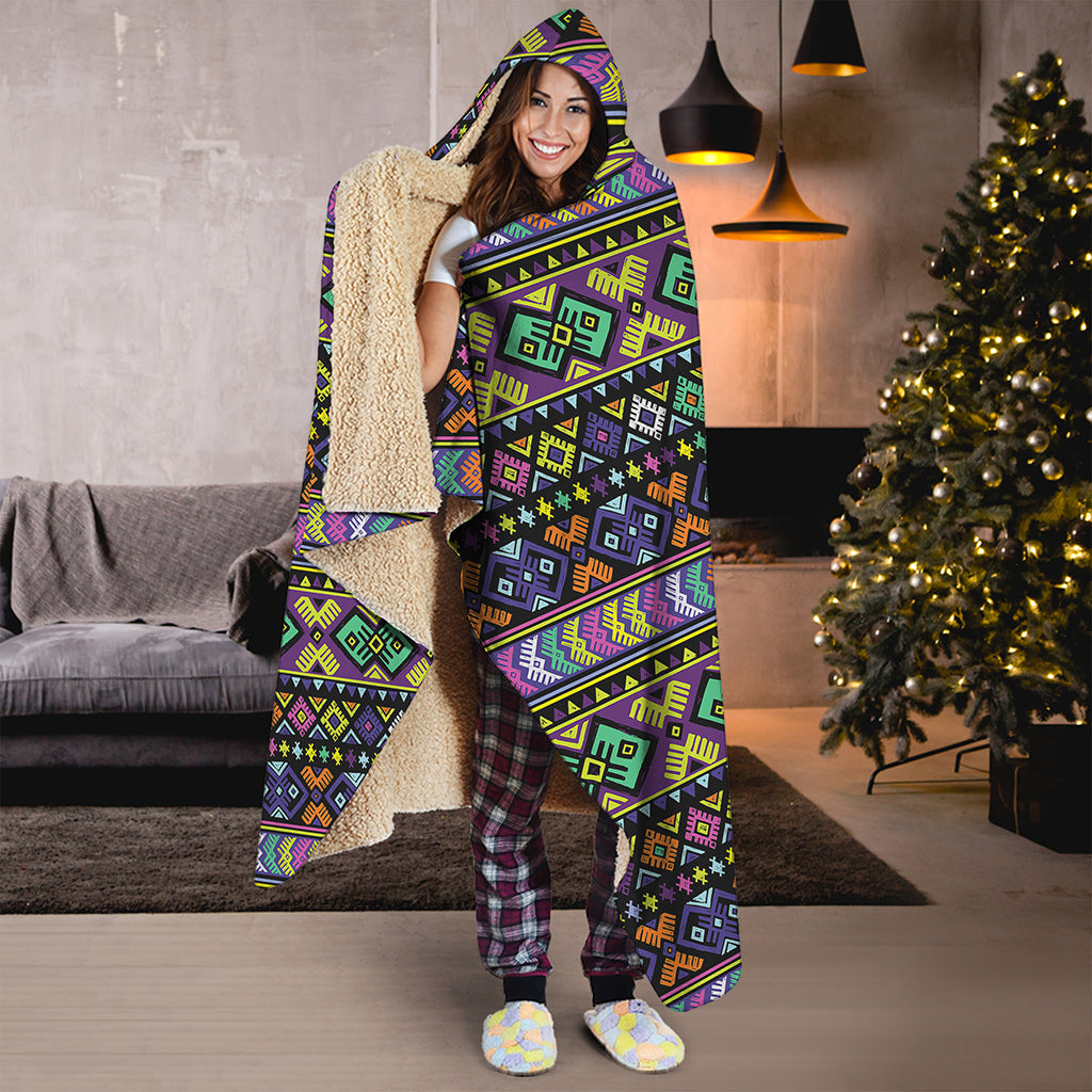 Colorful Native Navajo Tribal Print Hooded Blanket