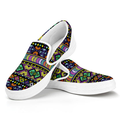 Colorful Native Navajo Tribal Print White Slip On Shoes