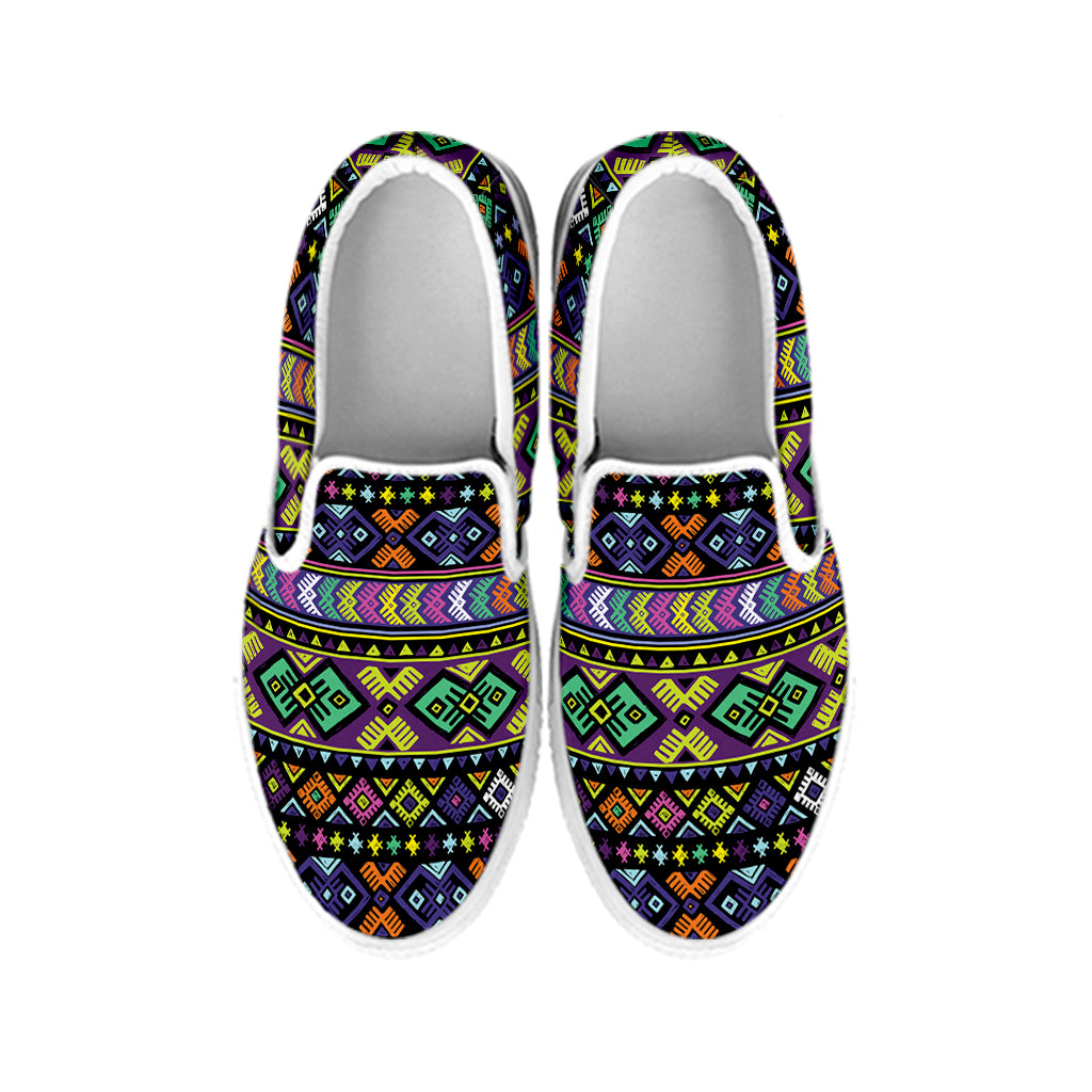 Colorful Native Navajo Tribal Print White Slip On Shoes