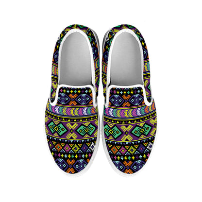 Colorful Native Navajo Tribal Print White Slip On Shoes