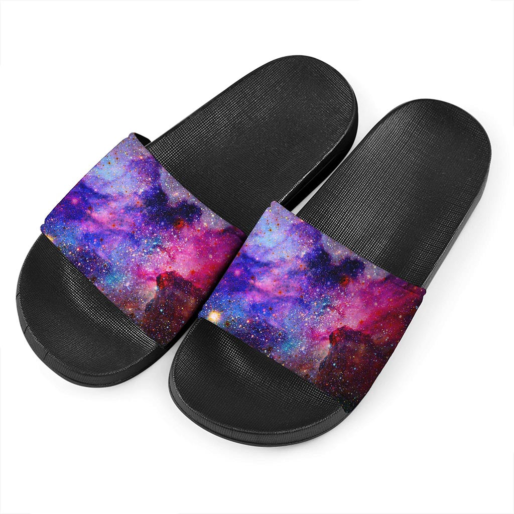 Colorful Nebula Galaxy Space Print Black Slide Sandals