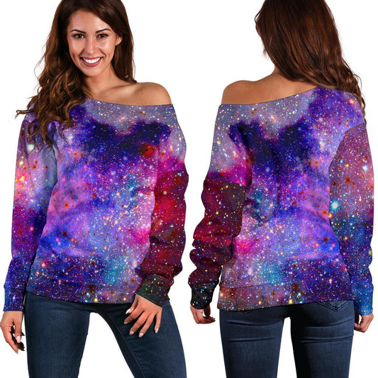 Colorful Nebula Galaxy Space Print Off Shoulder Sweatshirt GearFrost