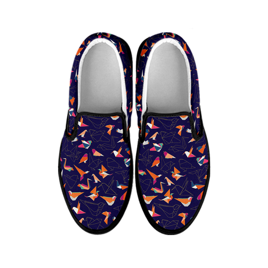 Colorful Origami Bird Pattern Print Black Slip On Shoes
