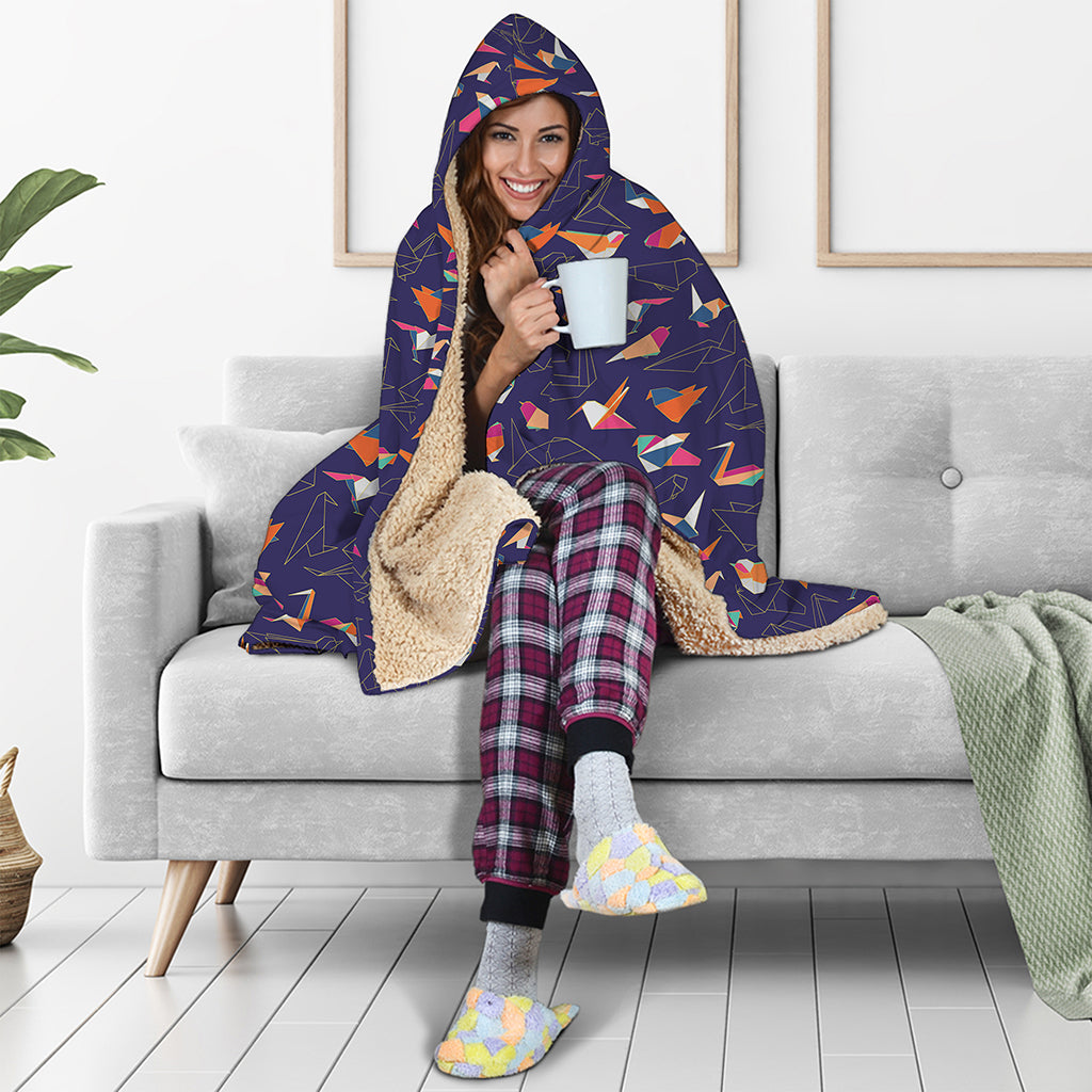 Colorful Origami Bird Pattern Print Hooded Blanket