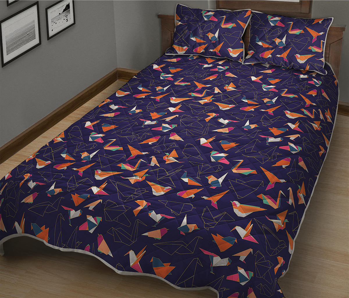 Colorful Origami Bird Pattern Print Quilt Bed Set