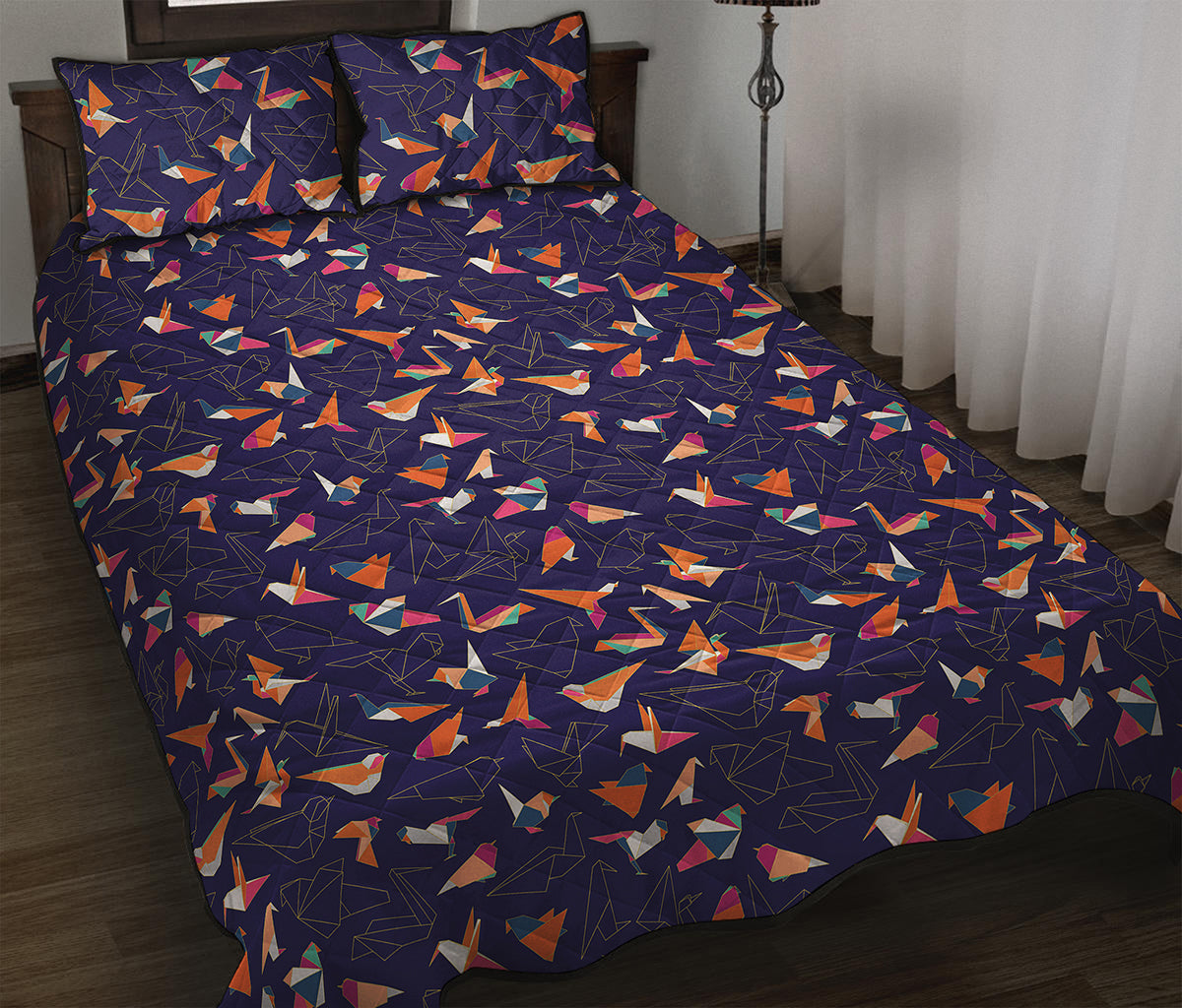 Colorful Origami Bird Pattern Print Quilt Bed Set