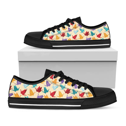 Colorful Origami Crane Pattern Print Black Low Top Shoes