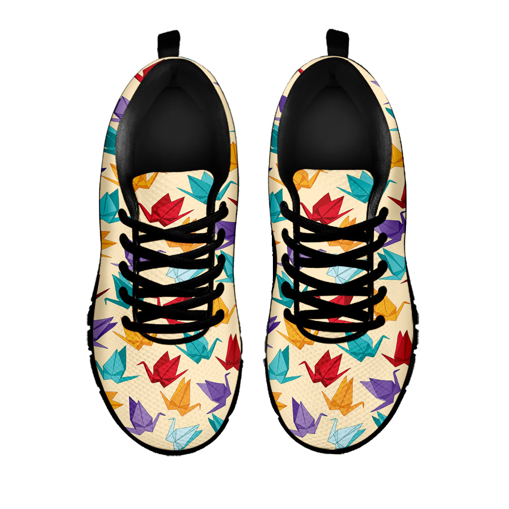 Colorful Origami Crane Pattern Print Black Sneakers