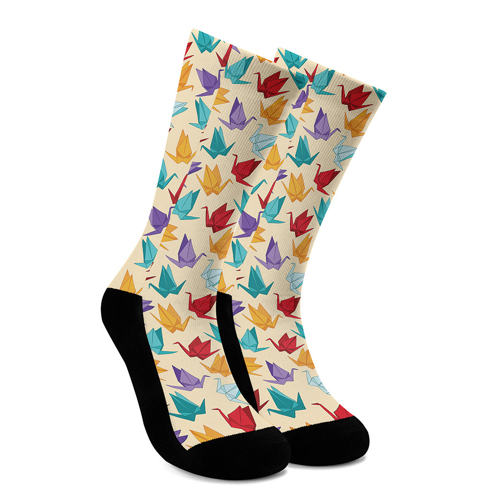 Colorful Origami Crane Pattern Print Crew Socks