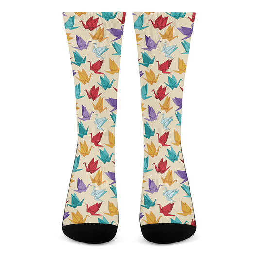 Colorful Origami Crane Pattern Print Crew Socks