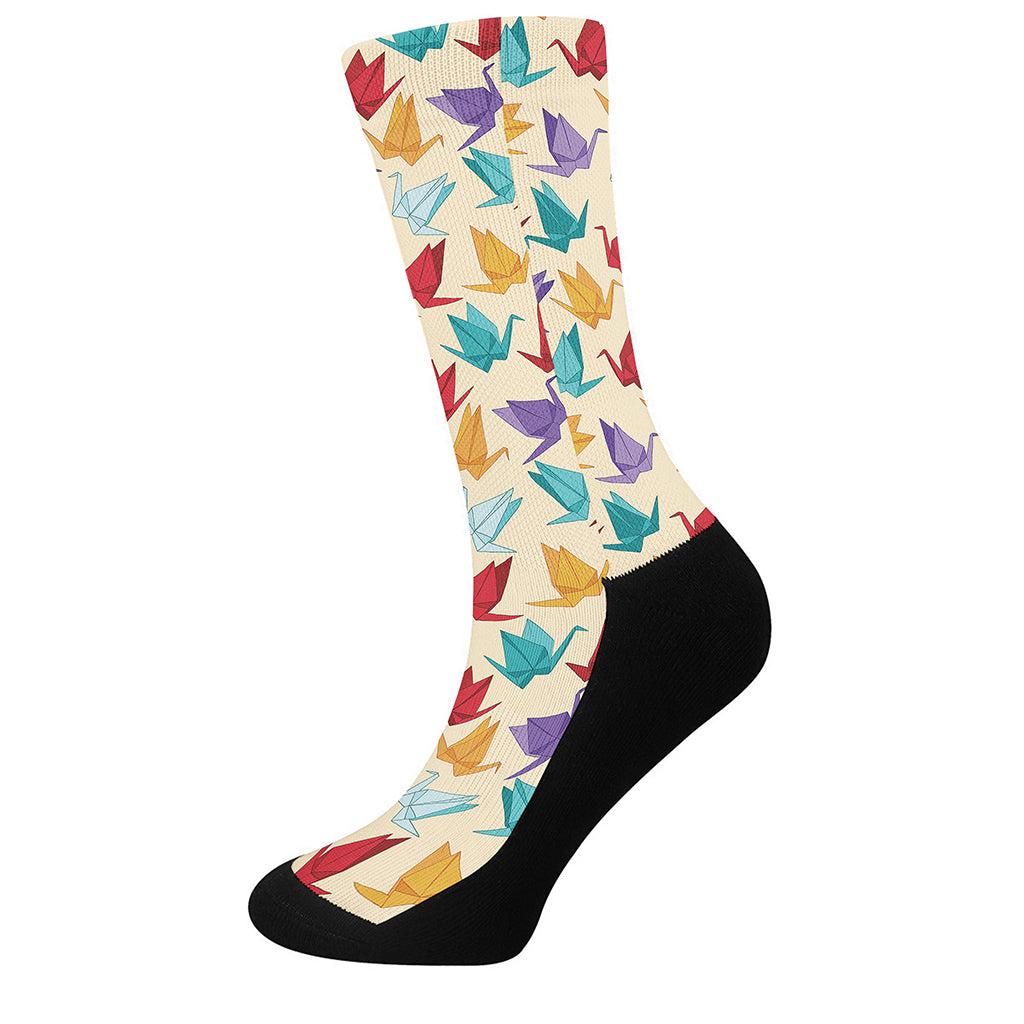 Colorful Origami Crane Pattern Print Crew Socks