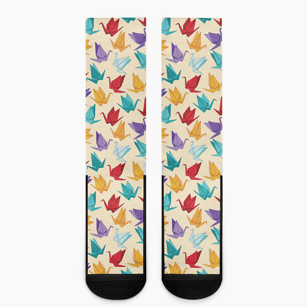 Colorful Origami Crane Pattern Print Crew Socks