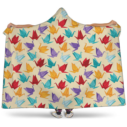 Colorful Origami Crane Pattern Print Hooded Blanket