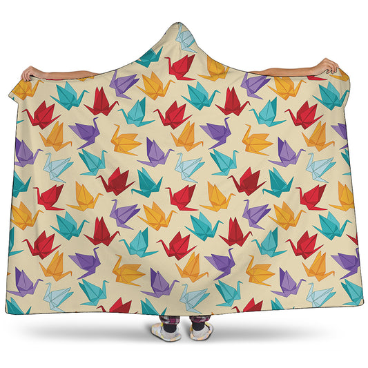 Colorful Origami Crane Pattern Print Hooded Blanket