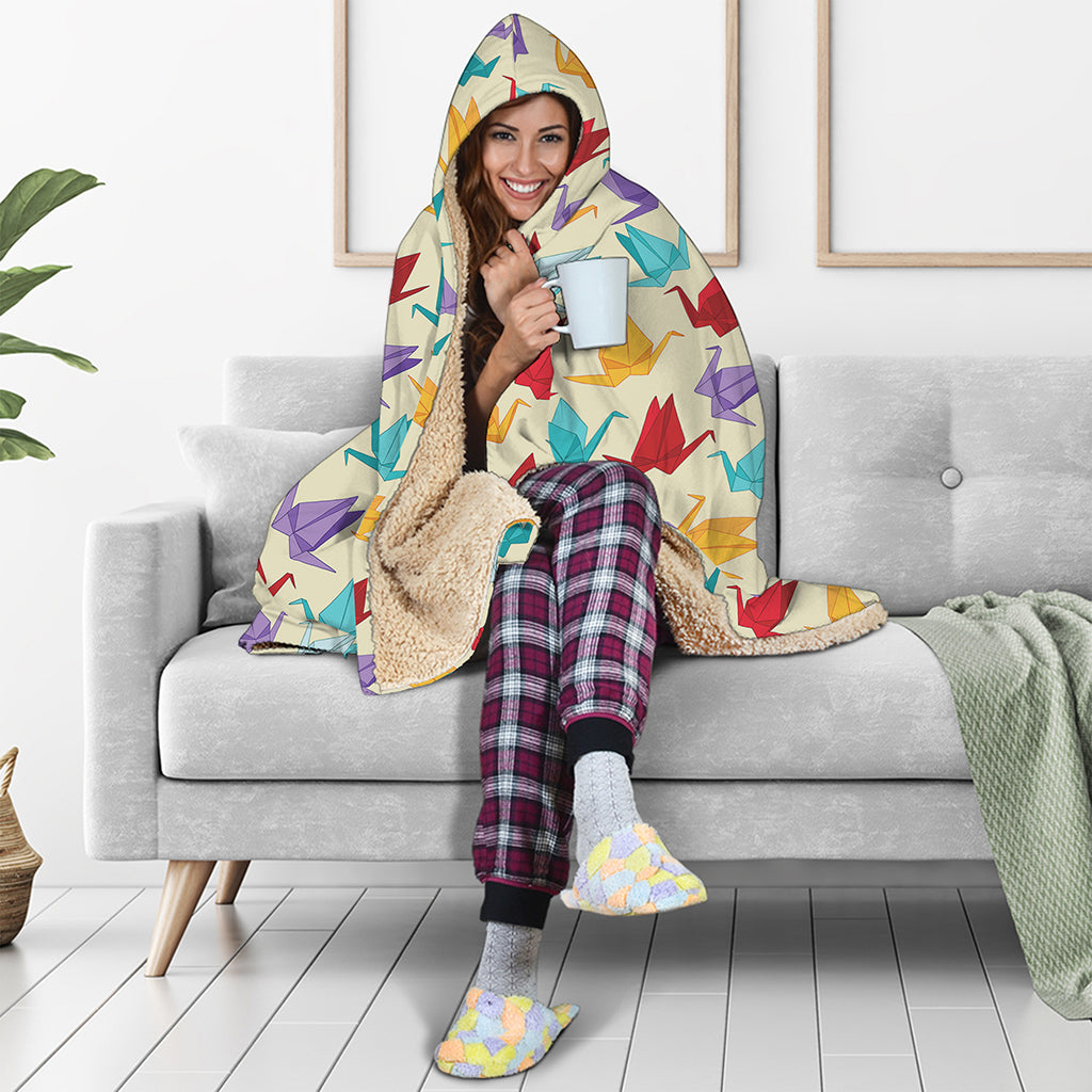 Colorful Origami Crane Pattern Print Hooded Blanket