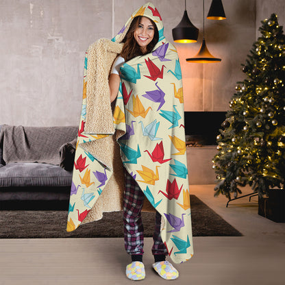 Colorful Origami Crane Pattern Print Hooded Blanket