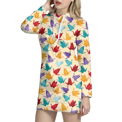 Colorful Origami Crane Pattern Print Hoodie Dress
