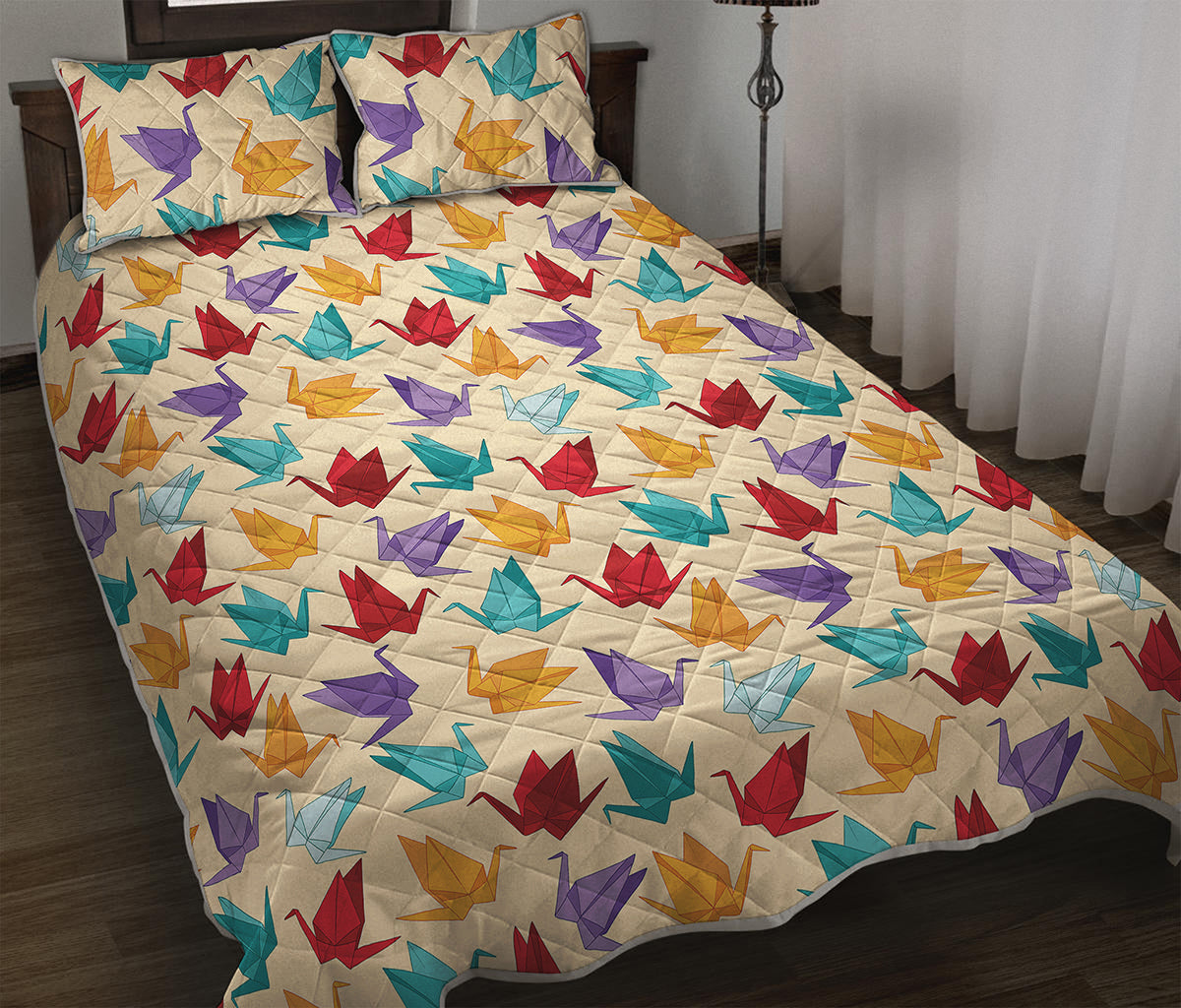 Colorful Origami Crane Pattern Print Quilt Bed Set