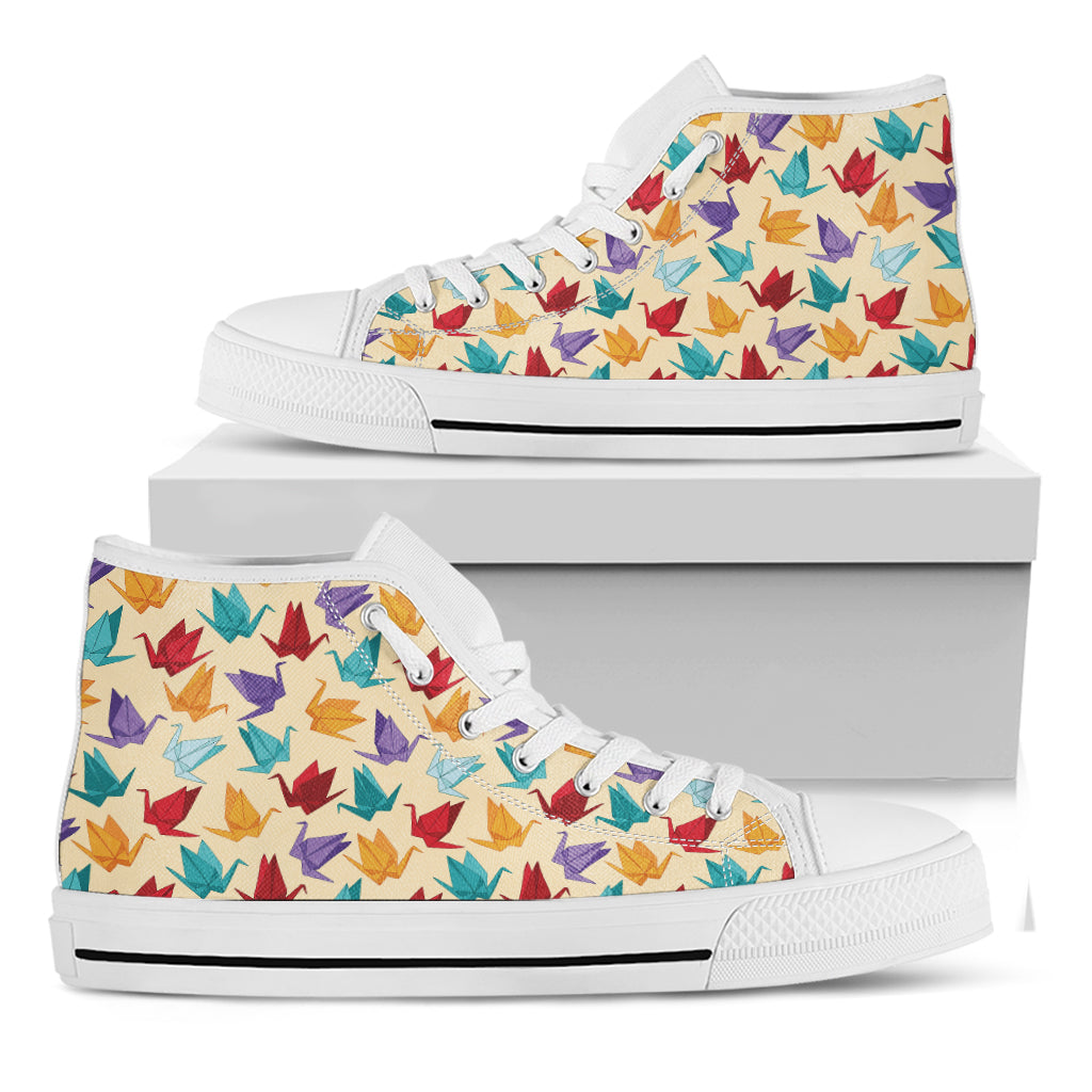 Colorful Origami Crane Pattern Print White High Top Shoes