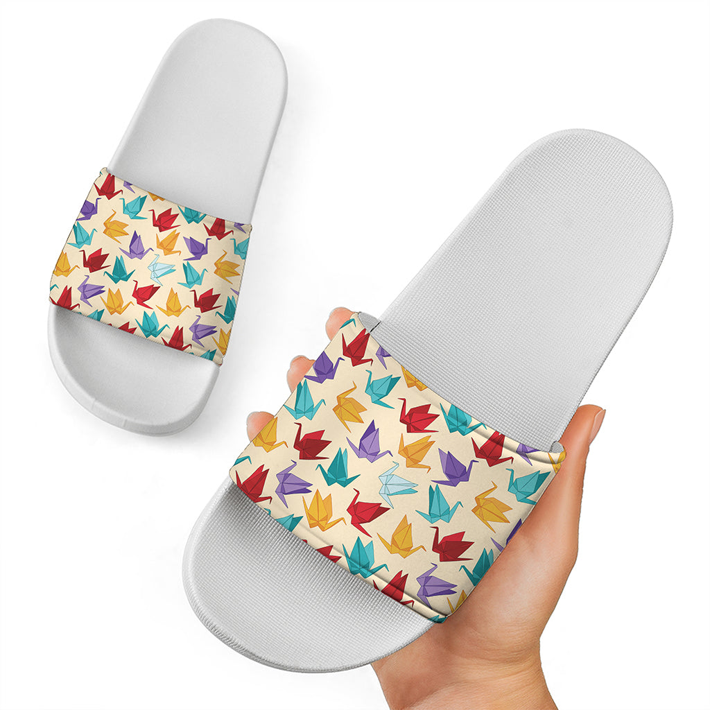 Colorful Origami Crane Pattern Print White Slide Sandals