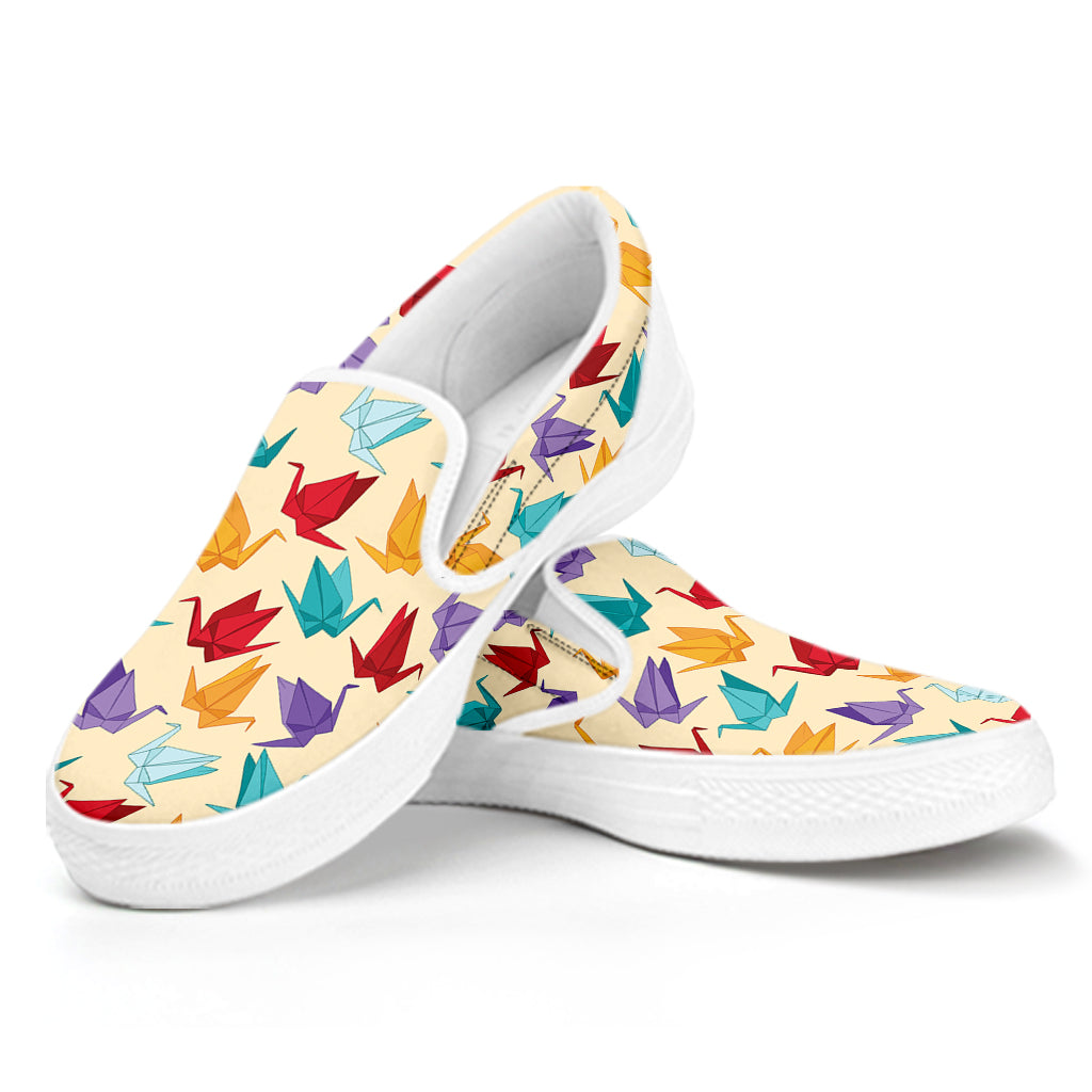 Colorful Origami Crane Pattern Print White Slip On Shoes