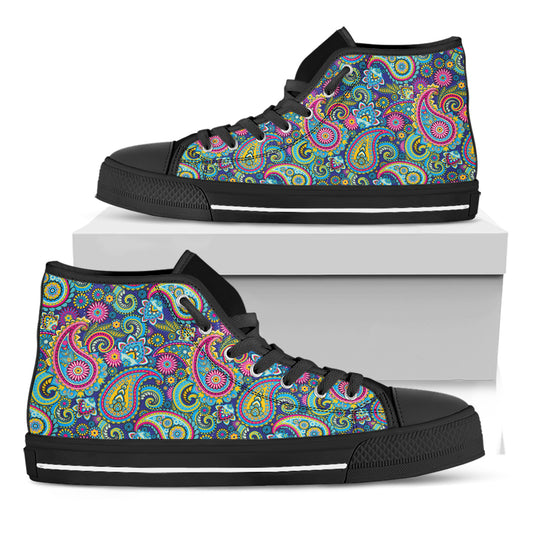 Colorful Paisley Pattern Print Black High Top Shoes